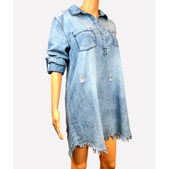 Distressed Denim Shirt Dress By En Crème Size M Long-Sleeve Frayed Hem Button-Up - Picture 9 of 11